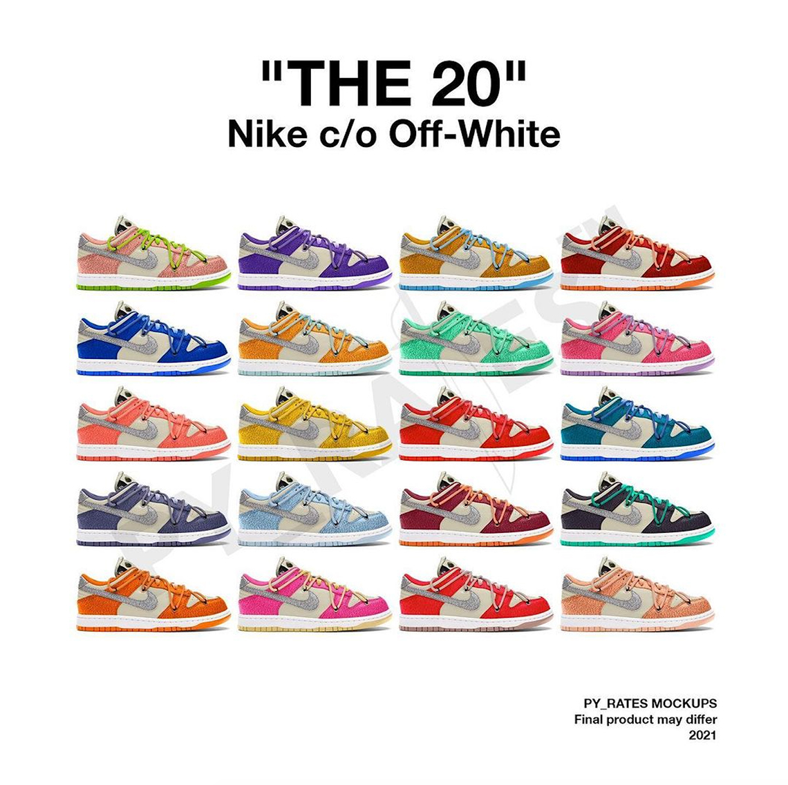 Tiếp nối 'cơ đồ' năm xưa còn dang dở, trong năm 2021 Off-white lại tiếp tục cho ra mắt 50 đôi Nike Dunk với tông màu chủ đạo trắng - xám phối cùng dây thắt giày, bảng màu đơn sắc nổi bật. Phiên bản swoosh ánh kim sẽ là những thiết kế nổi bật và khác biệt so với các mẫu còn lại.