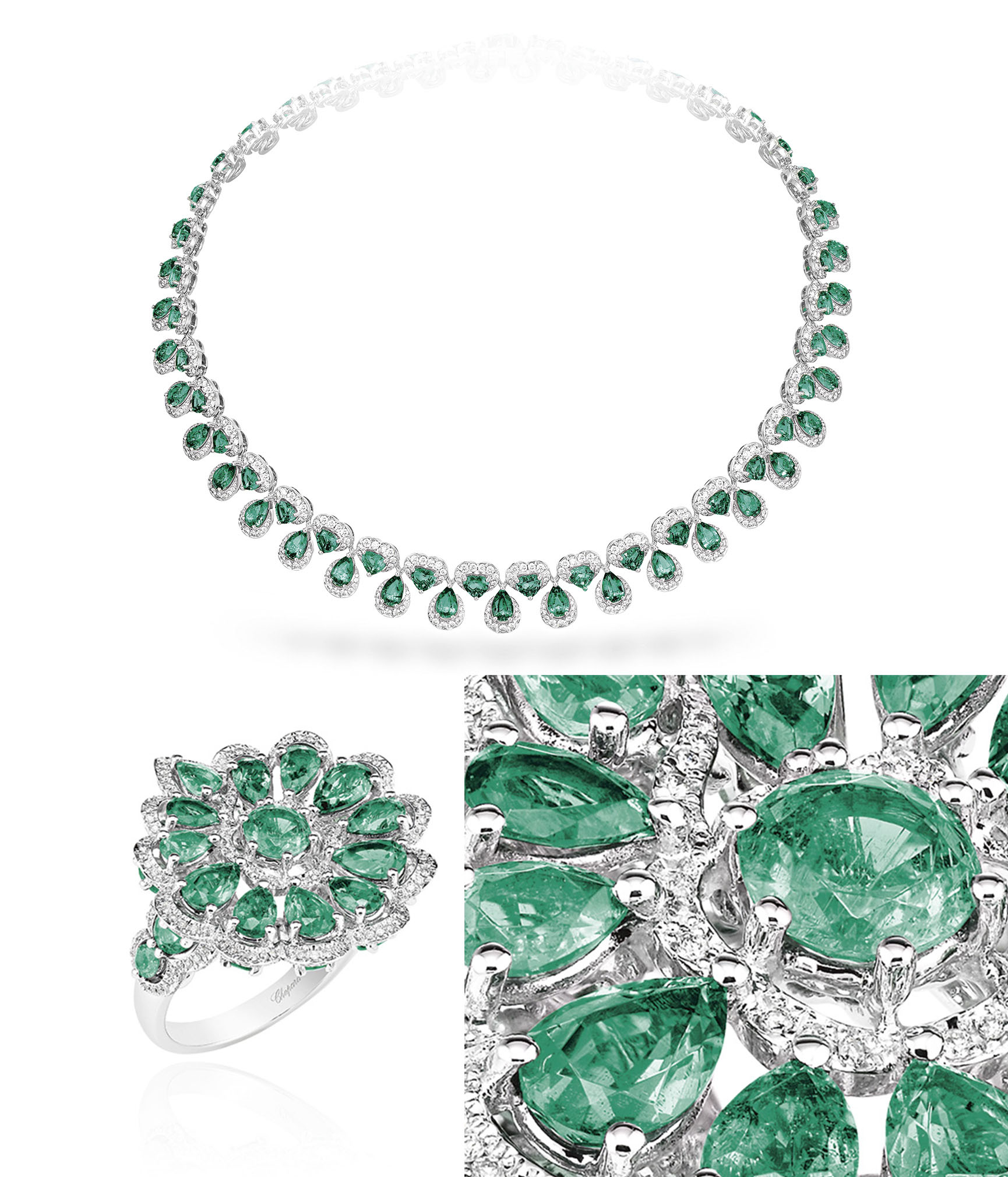 Bộ trang sức bao gồm chiếc nhẫn kim cương gồm chí tiết trang trí hình bông hoa và chiếc 'nhuỵ' là viên đá 18 carat màu xanh lục bảo. Đi cùng là đôi bông tai có thiết kế đồng bộ.