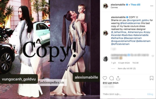 Chiếc váy được nữ diễn viên Vũ Ngọc Anh diện vào LHP Cannes 2017 có nhiều điểm tương đồng với thiết kế trong BST Fall Couture 2015 của thương hiệu Alexis Mabille. Từ kiểu dáng, cắt đặt để những đường dây pha lê đến hiệu ứng loang màu đều giống  hơn 80%.