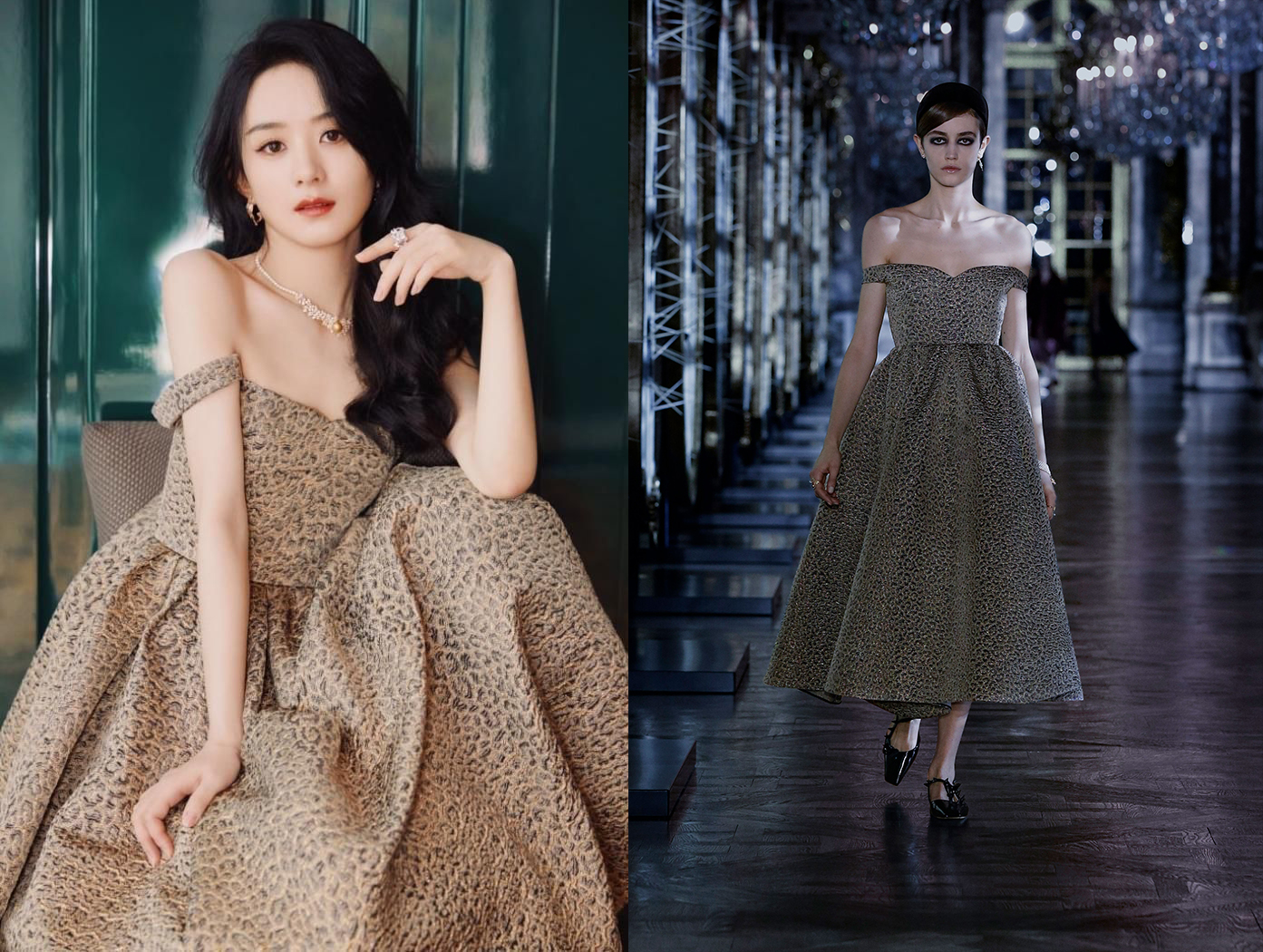 Mẫu váy da beo trong BST Dior Fall 2021 được Triệu Lệ Dĩnh mặc toát ra khí chất sang trọng, quý phái so với hình ảnh cá tính của người mẫu.