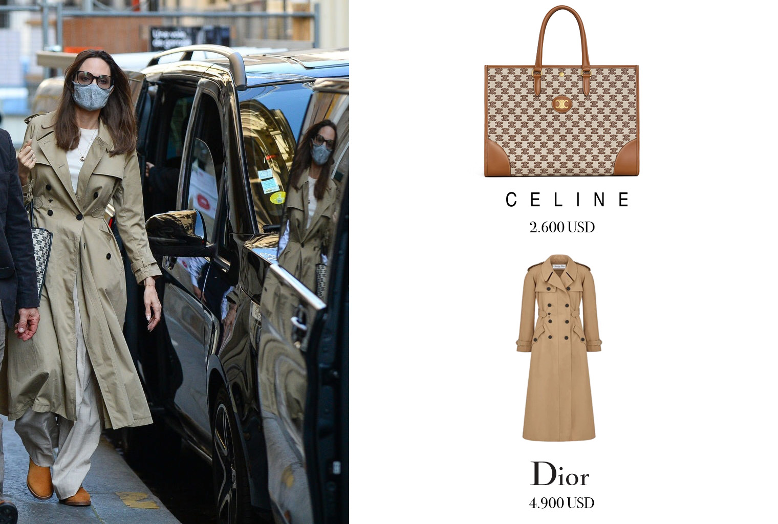 Chiếc túi Horizontal Cabas in Textile With Triomphe Embroidery bằng chất liệu canvas phối da, 2 màu beige - nâu và chiếc áo trench coat kinh điển, mang đậm dấu ấn cổ điển của Dior là 'người bạn' thời trang đồng hành cùng nữ diễn viên tại Paris.