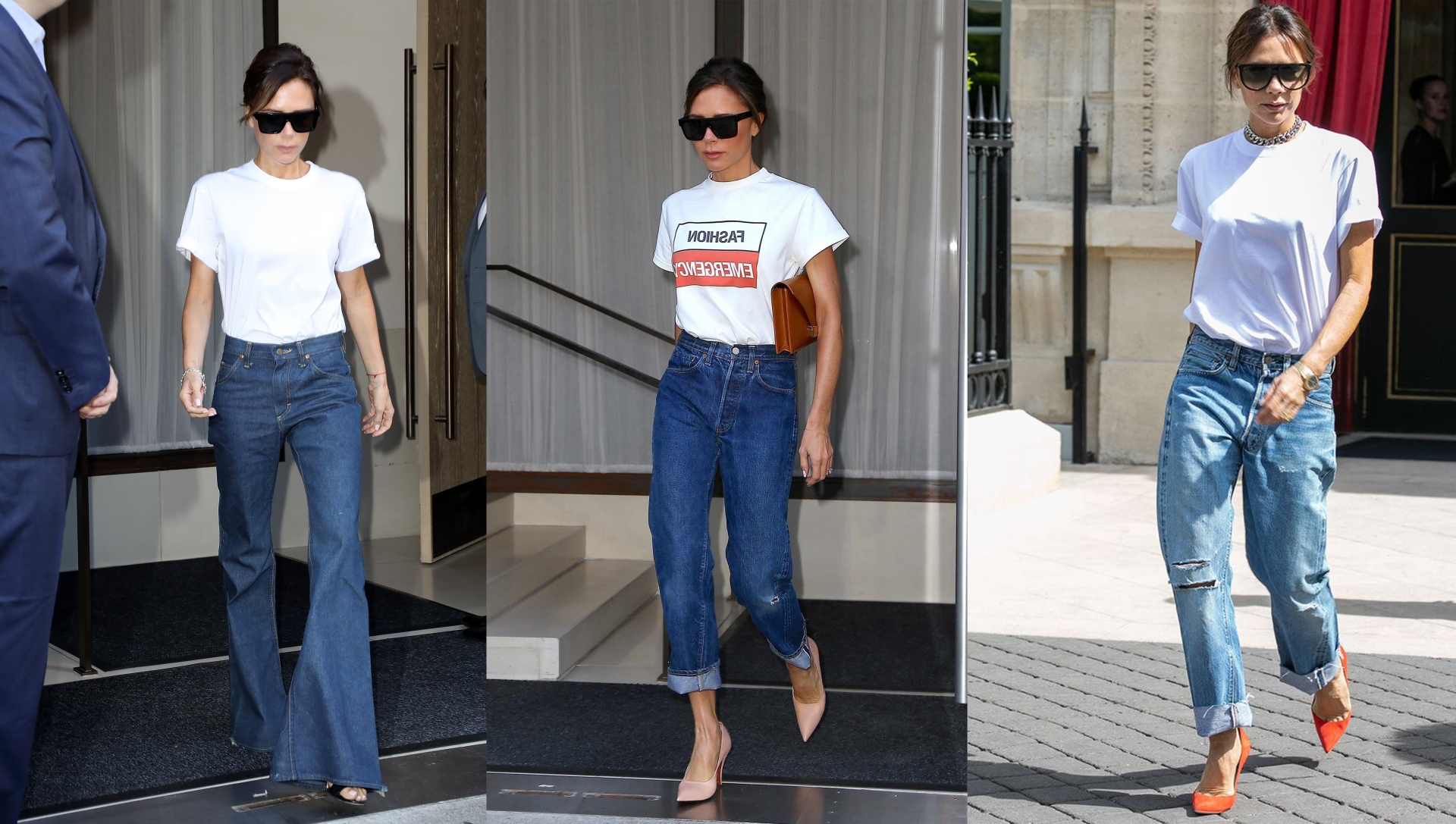 Một trong những item yêu thích của Victoria Beckham khi mặc quần jeans là áo thun trắng. Combo thường thấy của cô nàng là áo thun, quần jeans đủ kiểu và giày cao gót mũi nhọn.
