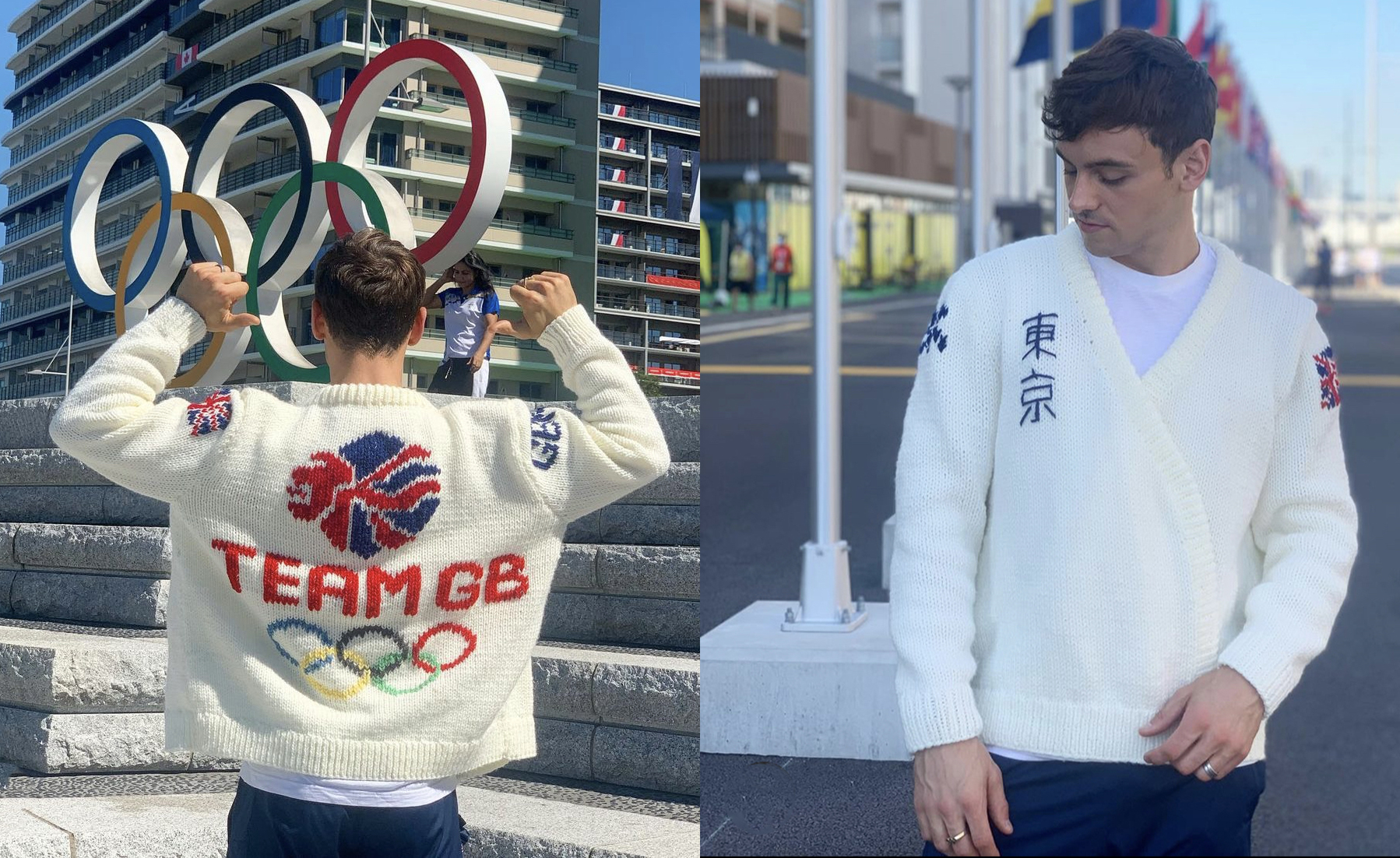 Tom Daley có màn khoe tài năng đan len với chiếc áo logo Olympic trong phom dáng yukata truyền thống của Nhật Bản.