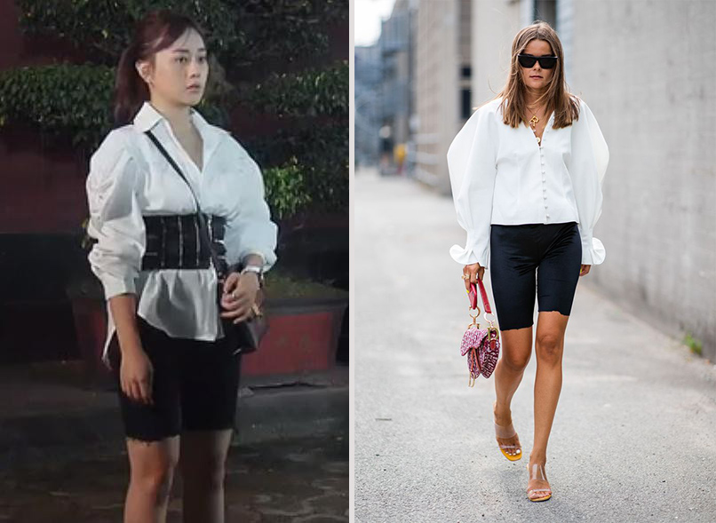 Ở một phân đoạn khác, Nam tiếp tục diện quần biker short, áo sơ mi tay bồng nhưng khoác thêm corset - một combo không quá phổ biến ở Việt Nam nhưng lại được các IT Girl phương Tây ưa chuộng. 