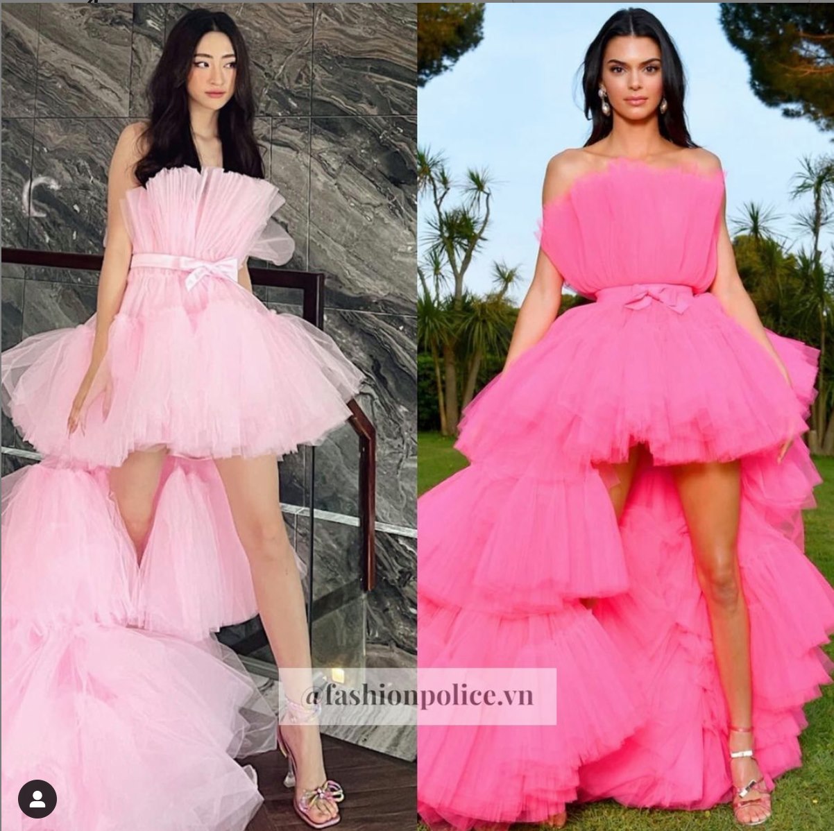 Chiếc váy từng được Kendall Jenner mặc thuộc thương hiệu Giambattista Valli x H&M nay lại xuất hiện với Lương Thuỳ Linh và gắn mác thiết kế của nhà thiết kế Việt. Ảnh: @fashionpolice.vn
