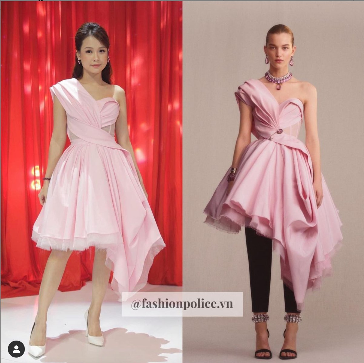 Chiếc váy hồng của Sam so với bản gốc thuộc về nhà mốt Alexander McQueen trông èo uột và kém thu hút. Từ đường may đến màu sắc đều không gây được ấn tượng. Ảnh: @fashionpolice.vn