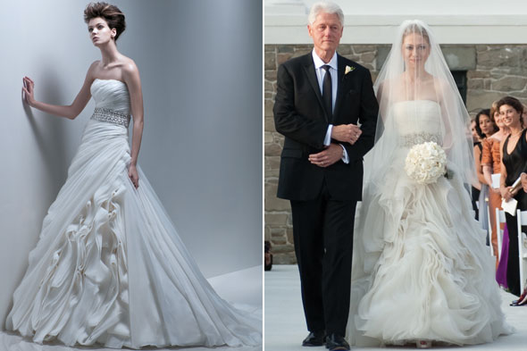 Mẫu váy cưới được làm bằng chất liệu tơ tằm, điểm nhấn thắt lưng bạc lấp lánh tạo nên sự tinh tế sang trọng.