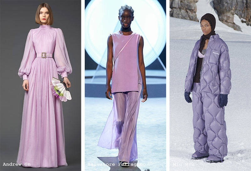 Nổi bật hơn cả phải kể đến sắc tím lavender đang 'làm mưa, làm gió' trên các sàn diễn thời trang. Từ những thiết kế áo khoác, vest đến đầm dài đều trở nên quyến rũ, thơ mộng hơn trong gam màu pastel này. 
