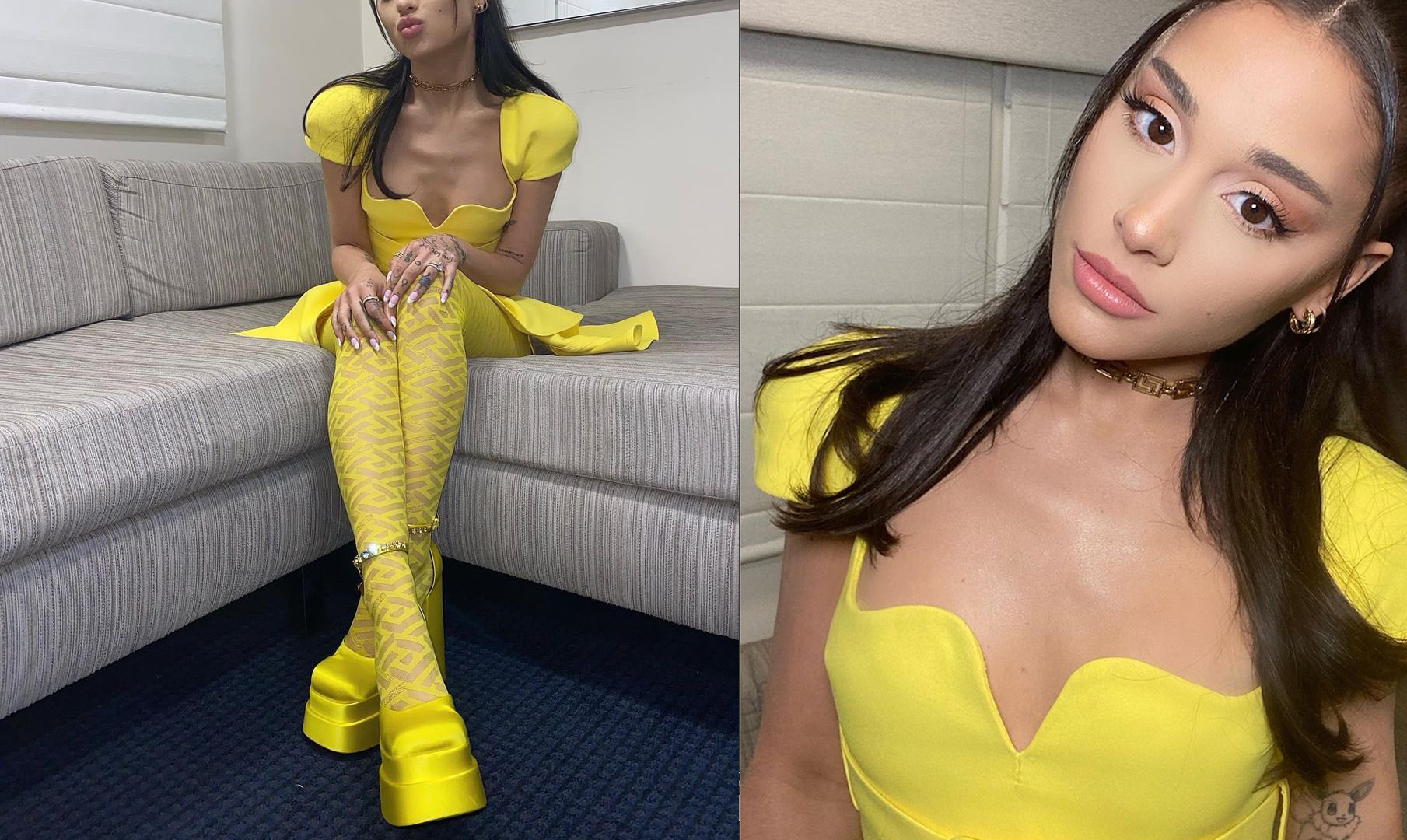 Ariana Grande nổi bật với set đồ màu vàng và đôi giày đế dày chất liệu satin hút mắt.