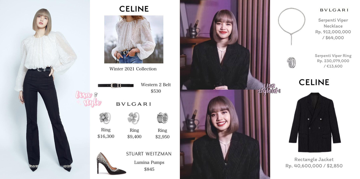 Thời trang thường ngày của Lisa tại các buổi livestream, giao lưu với fan hướng đến hình ảnh nữ tính và thanh lịch. Cô nàng diện vest, áo blouse của thương hiệu Celine phối cùng trang sức Bvlgari tiền tỷ.