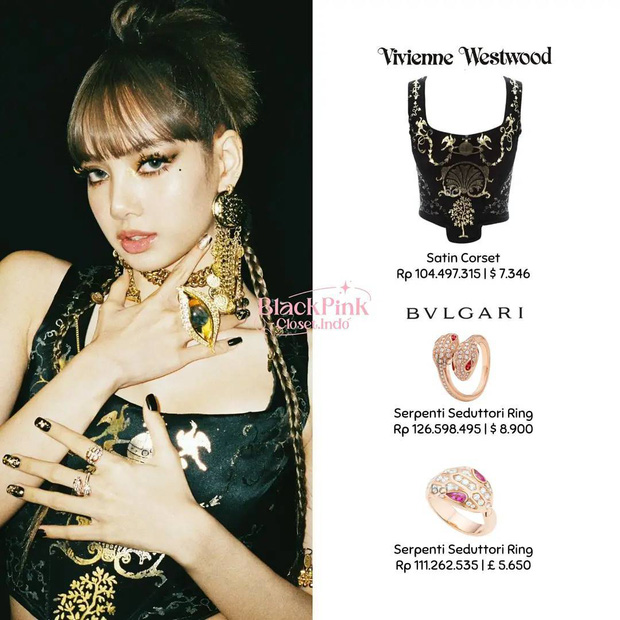 Áo corset trong phân cảnh break-dance từ thương hiệu Vivienne Westwood thể hiện sự sang chảnh, vương giả của 'nữ hoàng' Lisa, kết hợp với trang sức hình rắn của Bvlgari có tổng giá trị hơn nửa tỷ đồng.