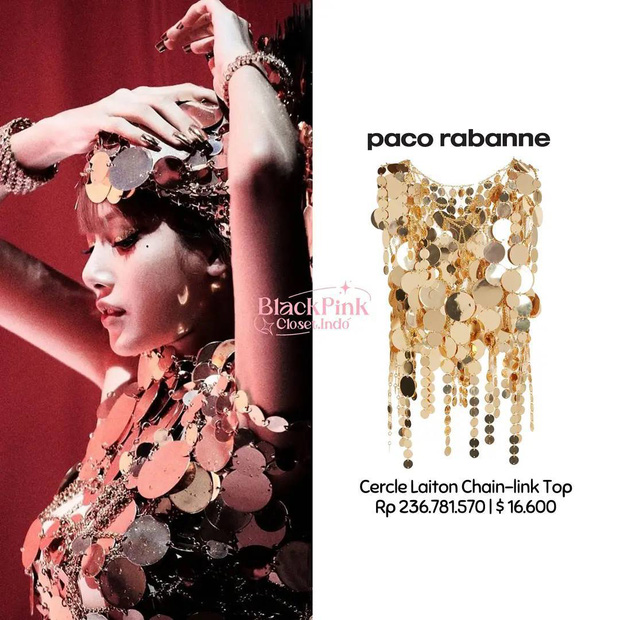 Tiếp theo là chiếc váy 'kim sa hột lựu' lấp lánh ánh vàng của thương hiệu Paco Rabanne có giá 16.600 USD (khoảng 377 triệu đồng). Thiết kế gây ấn tượng với những đính kết sequin cầu kỳ, tăng thêm độ lộng lẫy cho Lisa khi xuất hiện trong MV.
