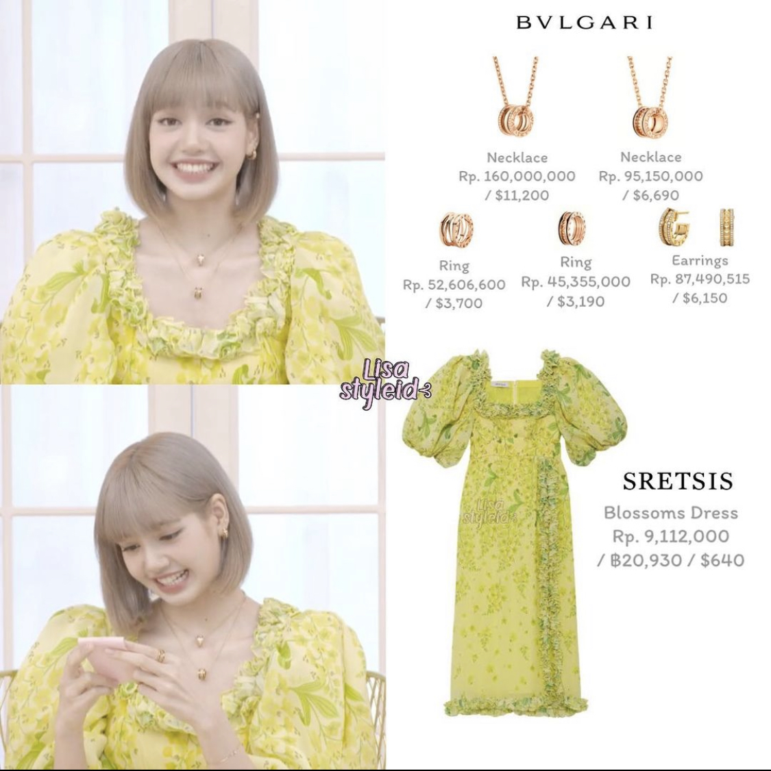 Lisa nổi bật trong chiếc váy xanh lá của thương hiệu Sretsis và trọn bộ trang sức Bvlgari giá trị 558 triệu đồng.