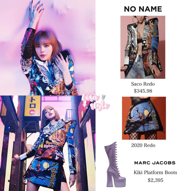 Bộ outfit gồm áo jacket đứng cầu vai và chân váy từ thương hiệu NO NAME, thiết kế mang đậm sự nổi loạn với hoạ tiết graffiti độc đáo. Đắt nhất trong cả bộ trang phục chính là đôi boots tím của Marc Jacobs hơn 62 triệu đồng.