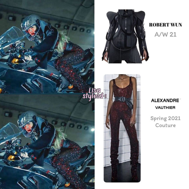 Bộ jumpsuit Haute Couture của Alexandre Vauthier xuất hiện ở teaser poster nay đã lộ diện. Cô nàng phối cùng áo da phong cách tech-wear, xuất hiện trong phân cảnh lái xe mô tô.