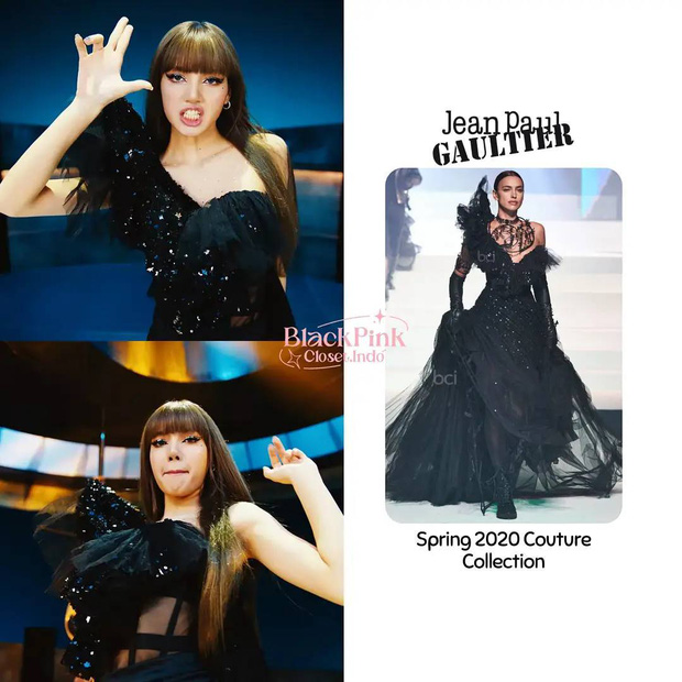 Chiếc áo của Lisa trong đoạn múa cột vốn được cắt ra từ chiếc váy đen lộng lẫy trong SBT Spring 2020 Couture của Jean Paul Gaultier. Thiết kế được đính pha lê đen lấp lánh cùng điểm nhấn nơ cầu kỳ ở ngực.