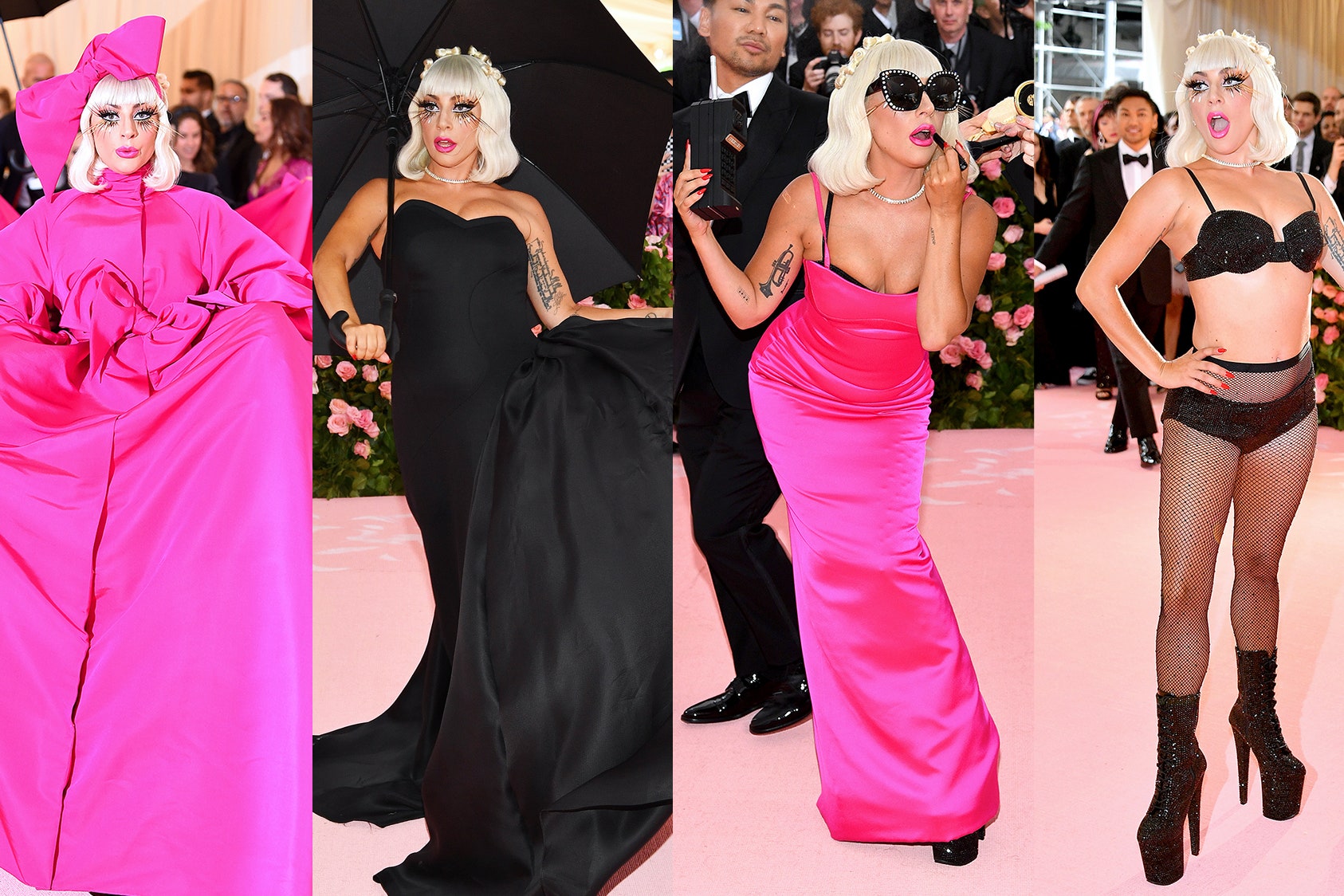 Màn biến hoá trang phục của Lady Gaga, thay hẳn 4 bộ đồ khác nhau trên thảm đỏ, gây bão với dàn tháp tùng hùng hậu.