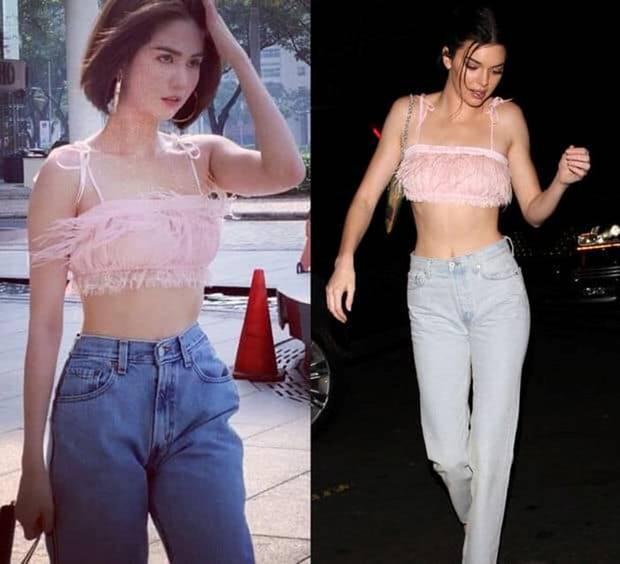 Ngọc Trinh có một chiếc áo croptop đính lông màu hồng y hệt chiếc áo của Kendall Jenner. Đặc biệt là cô nàng cũng phối với quần jeans tương tự như Kendall, style thời trang không quá khác biệt.
