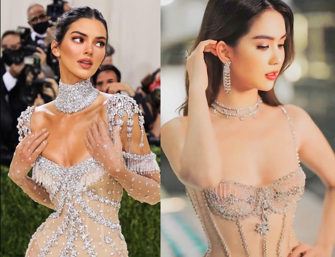 Ngọc Trinh đã học tập từ chiếc váy của Kendall Jenner với chi tiết vòng cổ đính đá, pha lê kết hợp với áo cúp ngực xuyên thấu quyến rũ và sang trọng.