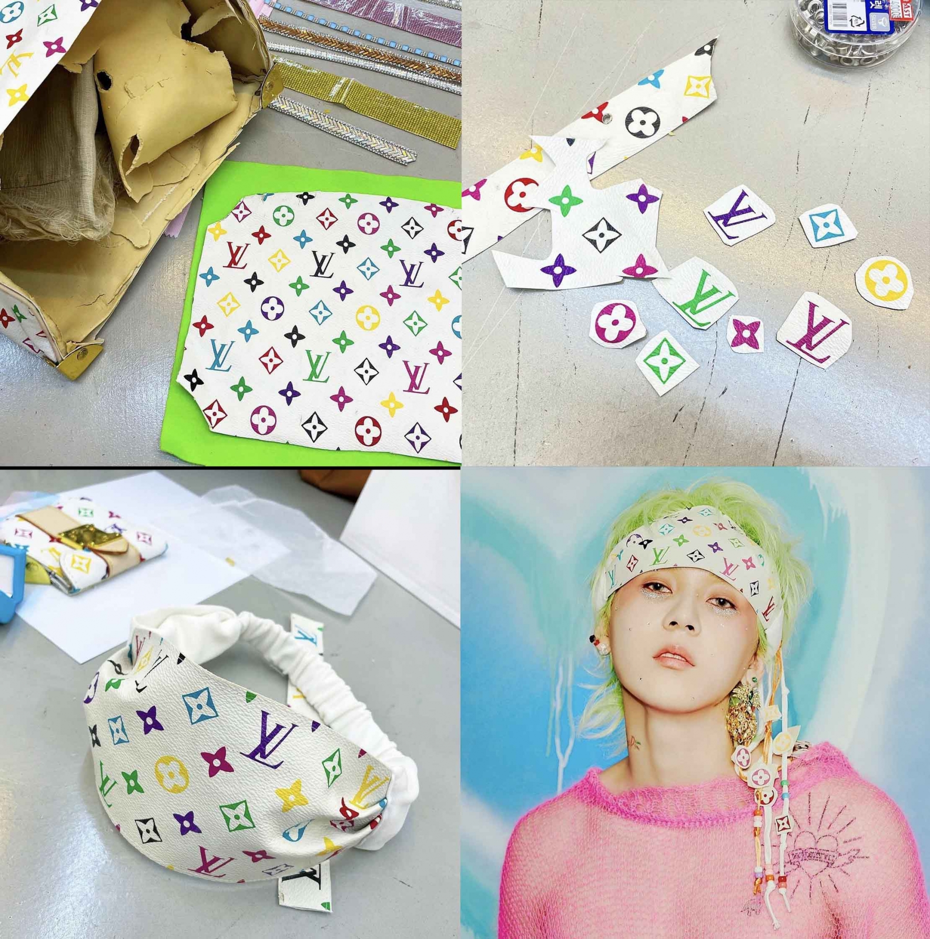 Nam stylist chia sẻ chiếc headbang được tái chế từ những icon monogram đủ màu từ túi Louis Vuitton cho bạn trai của Hyuna - nam ca sĩ Dawn. Instagram: @dooho