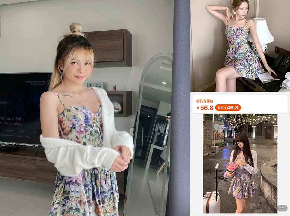 Chiếc váy hoa phối với cardigan xinh xắn của Thiều Bảo Trâm lại là sản phẩm mua trên app Taobao, một mẫu như vậy sẽ được nhiều shop bán với giá khác nhau, chỉ từ 200.000 đồng là bạn có thể mua được.