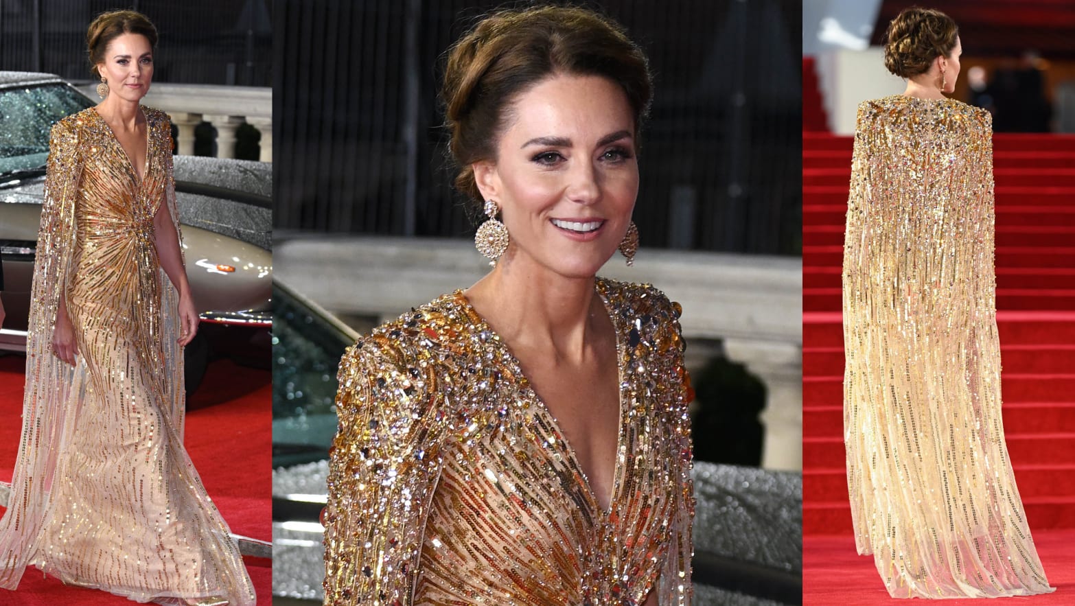 Kate Middleton diện 'bộ cánh' của NTK Jenny Packham, một nhà mốt quen thuộc của hoàng thất. Chiếc váy với phần ngực xẻ sâu và điểm thắt eo tôn dáng cùng áo choàng lộng lẫy đã biến công nương nước Anh trở thành “nữ hoàng thảm đỏ” trong đêm hôm ấy.