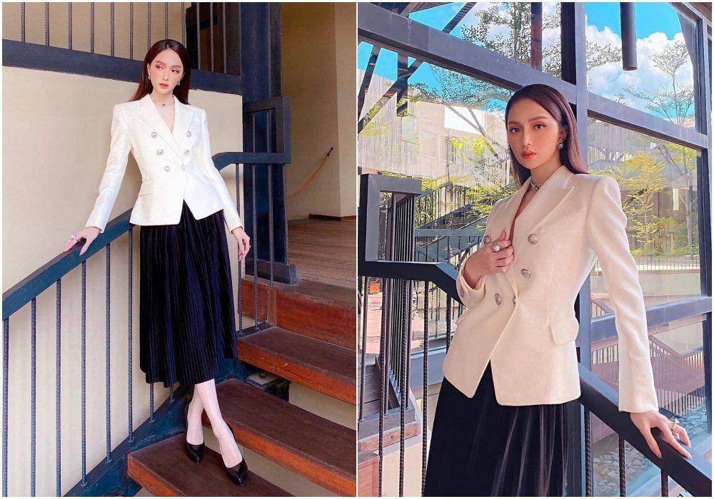 Khi diện set đồ này bạn không cần quá rườm rà về chi tiết. Hương Giang chọn blazer trắng trơn kết hợp với chân váy tulle đen mà vẫn nổi bật, sang trọng ngút ngàn.