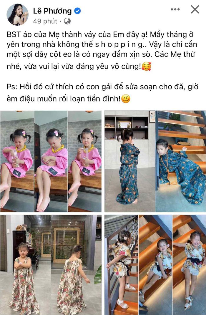 Bộ sưu tập tại gia từ 'áo của Mẹ thành váy của Em' thu hút nghìn lượt like từ cộng đồng mạng. Ai cũng khen bé Bông xinh xắn và đáng yêu.