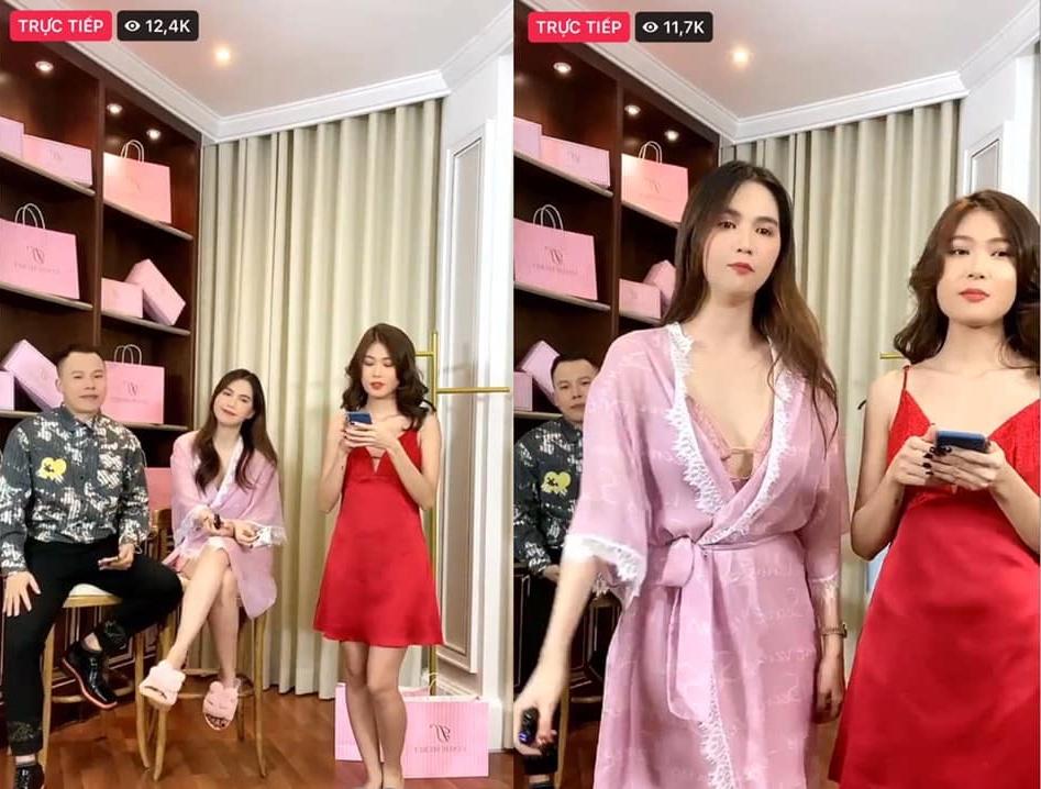 Livestream của Ngọc Trinh nhanh chóng thu hút hơn mười mấy nghìn lượt xem trên facebook. Trong video cô nàng giới thiệu những sản phẩm đồ ngủ mặc nhà với thiết kế nữ tính.