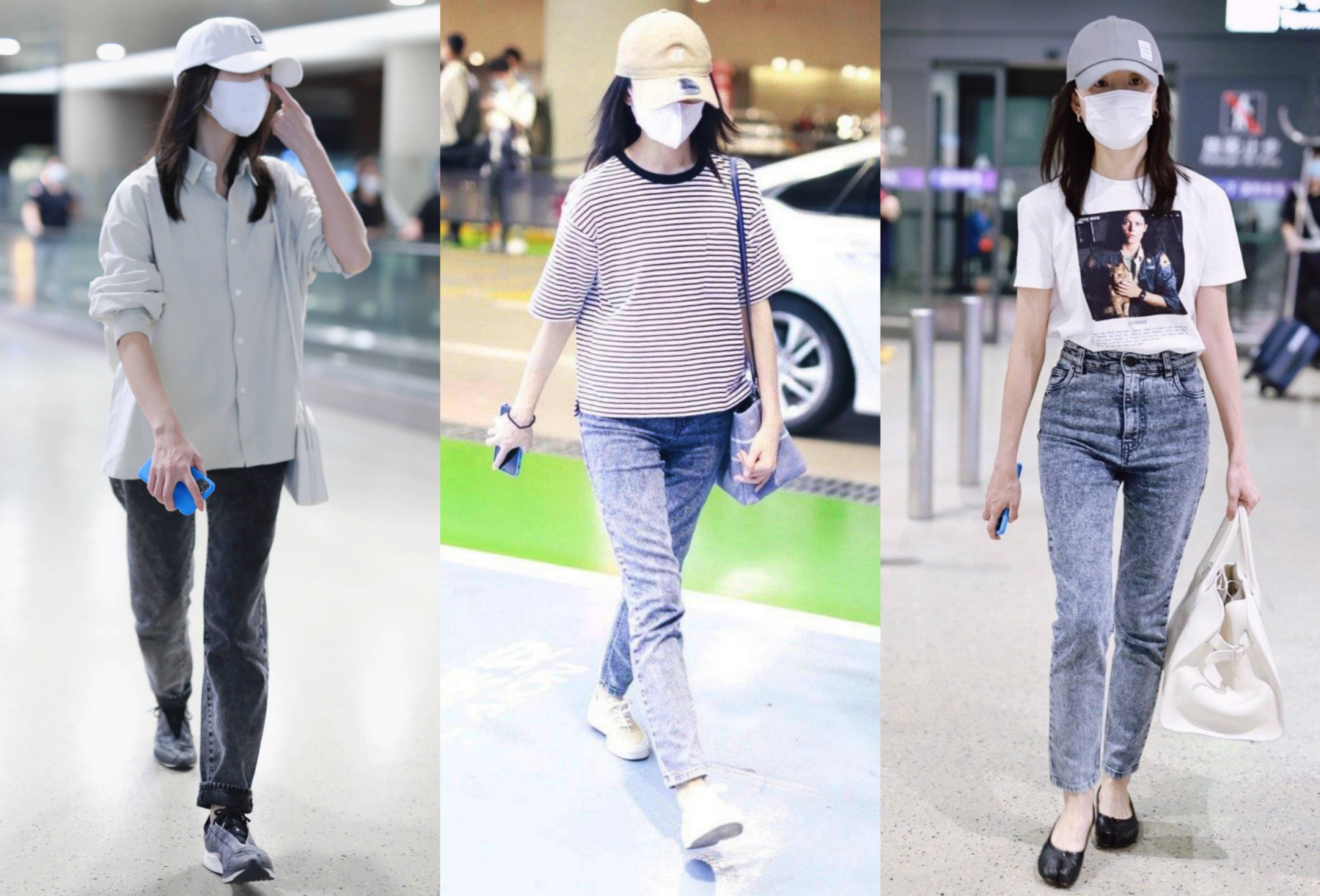 Nữ diễn viên chọn quần jeans skinny kết hợp sơ vin với áo thun hoặc áo sơ mi có gam màu trung tính, ít hoạ tiết. Mũ lưỡi trai trở thành phụ kiện thường trực với cô tại sân bay.