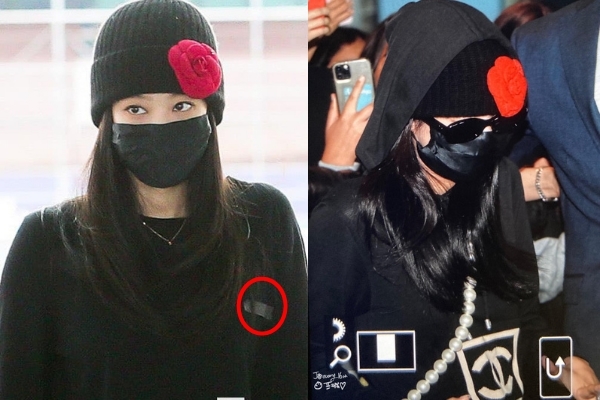 Gần đây, 'Đại sứ Chanel' mặc chiếc sweater màu đen với dòng chữ 'Celine' khi ra sân bay đi Paris. Sợ bị chộp lại mình mặc đồ thương hiệu khác, Jennie đã dùng băng dính mờ che đi logo, sang đến Pháp cũng thay bằng áo hoodie của Chanel.