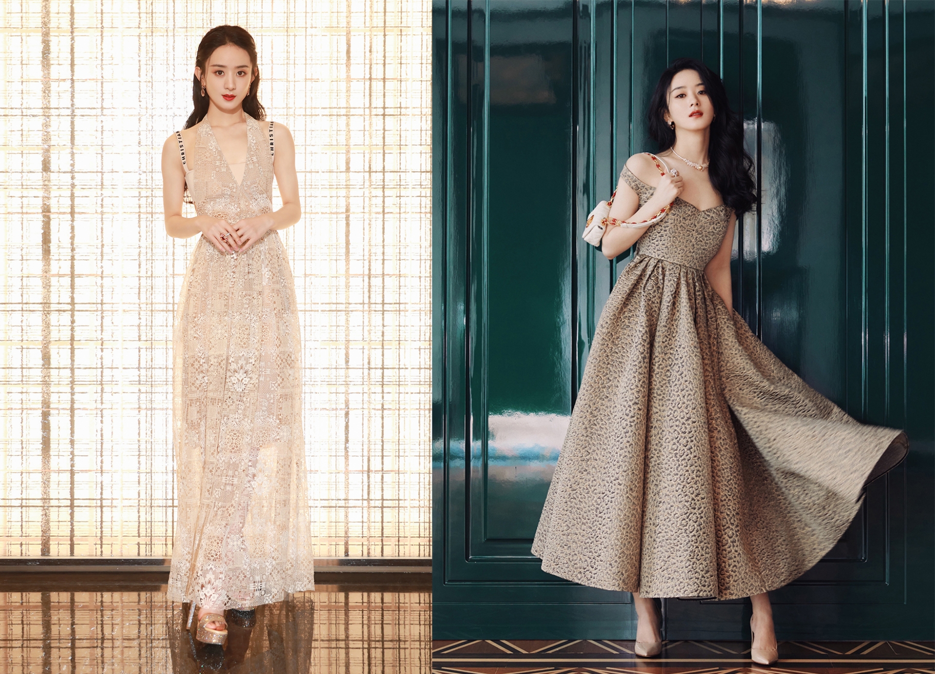 Là đại sứ Dior tại Trung Quốc, Triệu Lệ Dĩnh chứng minh mình phù hợp với tinh thần của nhà mốt qua những mẫu váy thương hiệu. Đầm da beo cá tính hay ren trắng sang trọng đều được 'Tiểu Cốt đầu' cân đẹp.