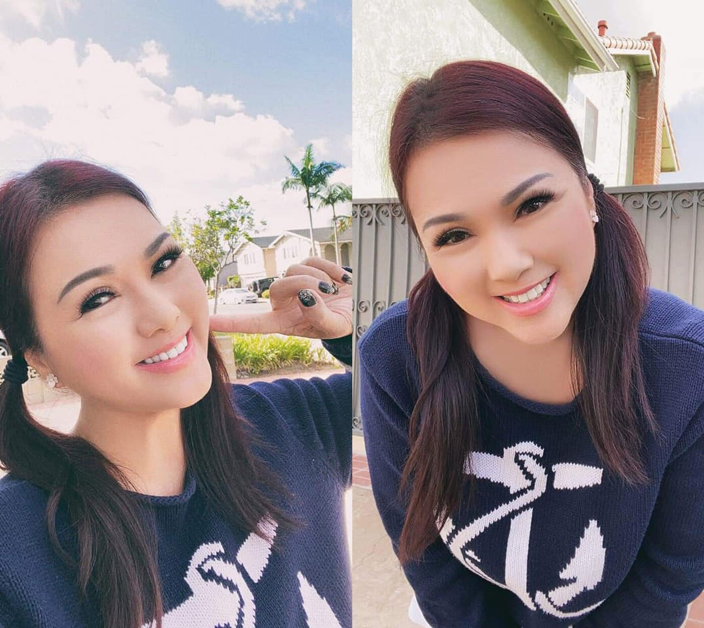 Gương mặt trang điểm nhẹ nhàng, ca sĩ Phương Loan làm điệu với kiểu buộc tóc hai bên vô cùng dễ thương, cô nở nụ cười tươi đầy lạc quan trong những bức hình selfie.