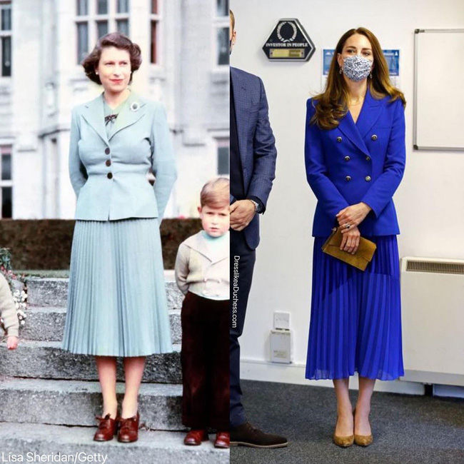 Nữ hoàng Anh thời trẻ từng gây ấn tượng với set đồ blazer + chân váy dài xếp ly vừa nữ tính vừa thanh lịch.