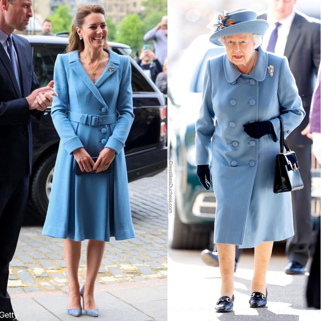 Cùng diện váy dài, dáng suit tông xanh da trời nhẹ nhàng, Nữ hoàng Anh thể hiện sự tinh tế với phom dáng suông, giấu dáng trong khi Kate lại ưu ái cho thiết kế chít eo nữ tính, giúp cô nàng khoe vòng eo thon gọn.
