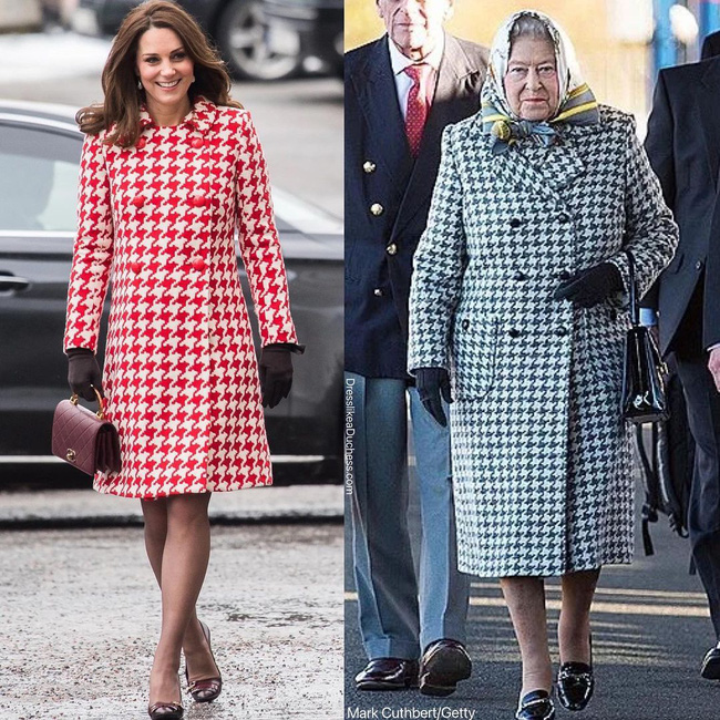 Hoạ tiết houndstooth trong chiếc áo khoác của Nữ hoàng nhỏ, màu đen nên đầm tính hơn so với kích cỡ lớn, màu đỏ nổi bật của Kate Middleton.