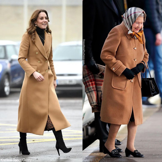 Nữ hoàng Anh phối áo khoác dáng dài màu nâu với giày loafers để phù hợp với lứa tuổi cũng như tạo sự thoải mái. Kate Middleton lại kết hợp vớ da đen, cao gót đế nhọn 'hack dáng' cao ráo.