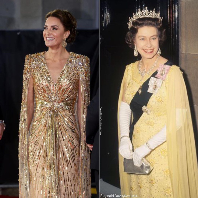 Trang phục dạ hội của Nữ hoàng cũng trở thành nguồn cảm hứng cho Kate Middleton mỗi khi sải bước trên thảm đỏ. Chiếc váy lộng lẫy kết hợp với áo choàng thể hiện sự đồng điệu với trang phục Nữ hoàng Elizabeth II.