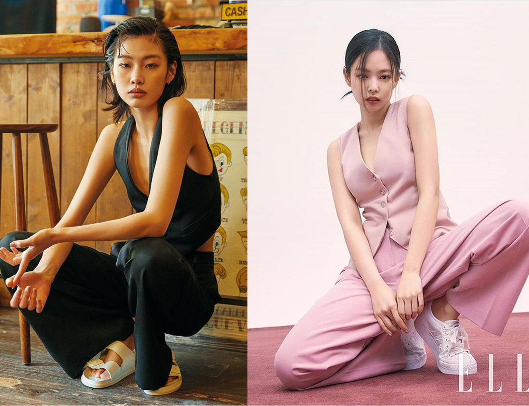 Diện một set đồ cổ điển kết hợp giữa gillet và và quần ống suông, Jennie và Jung Ho Yeon mang đến hình ảnh năng động, cá tính với dáng ngồi 'chất chơi'.