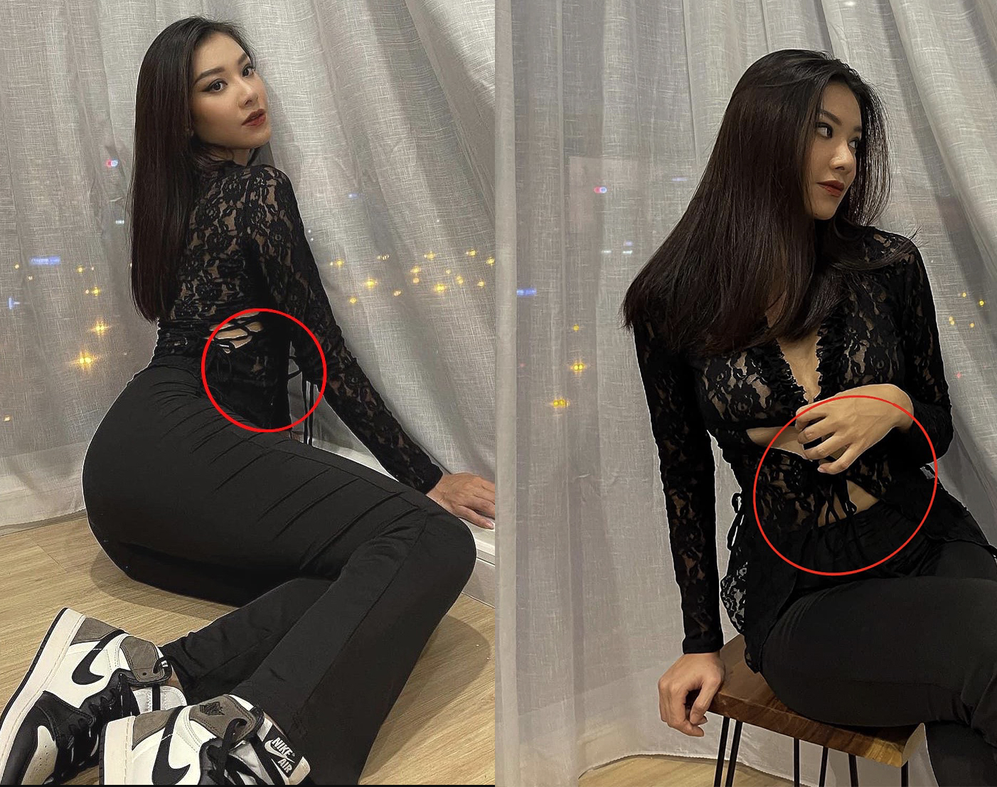 Dù là mặc đồ đen, cố dùng tay che eo nhưng ở một số góc vẫn thấy vòng 2 'phát phì' của cô nàng.