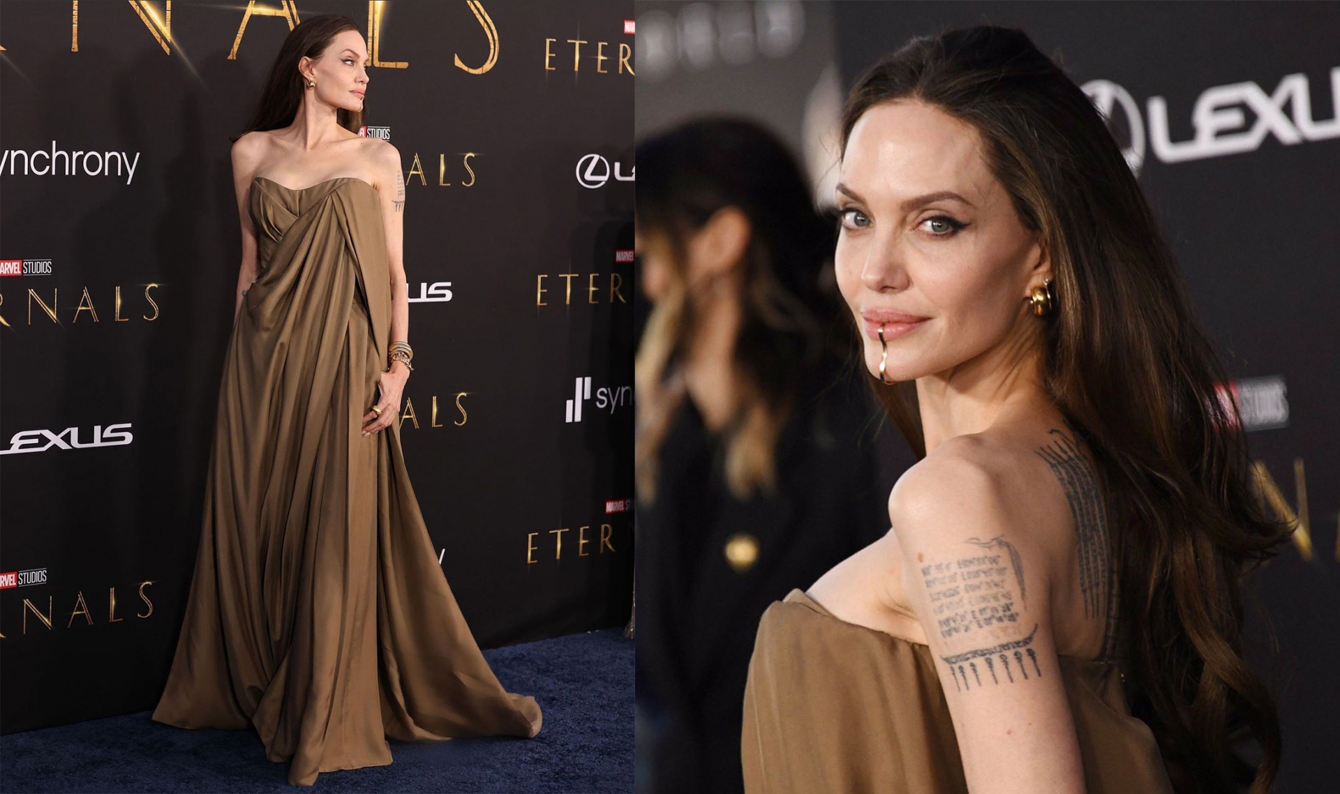 Để tổng thể nhuốm màu thời gian, hoài cổ và bí ẩn như vai diễn trong 'Eternals', Angelina Jolie chọn phụ kiện vintage của Tiffany&Co, khuyên môi Nina Berenato.