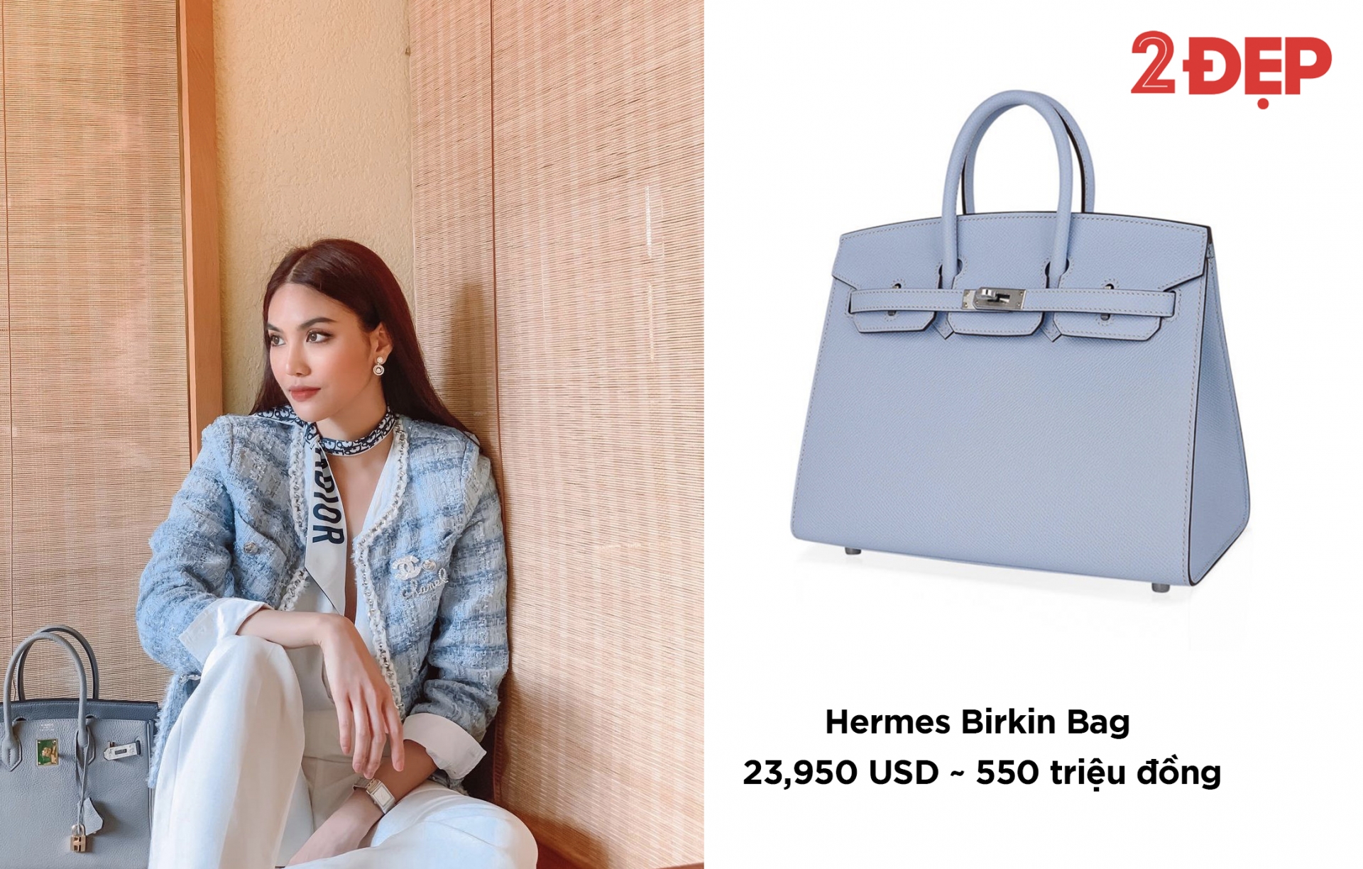 Mẫu Birkin màu xanh da trời phiên bản giới hạn với giá hơn nửa tỷ đồng được Lan Khuê phối đồng điệu với áo tweet và khăn choàng cổ Dior.