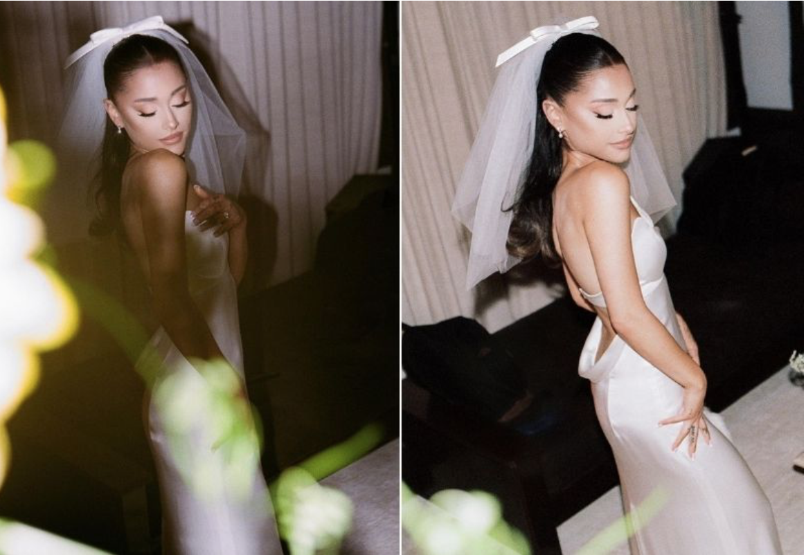 Ariana Grande bí mật tổ chức lễ cưới tại nhà, cô nàng khoe vóc dáng xinh đẹp trong thiết kế váy ôm sát, khoét lưng gợi cảm. Chiếc khăn đội đầu chất liệu voan, thắt nơ như một dấu hiệu nhận diện điển hình về nữ ca sỹ.