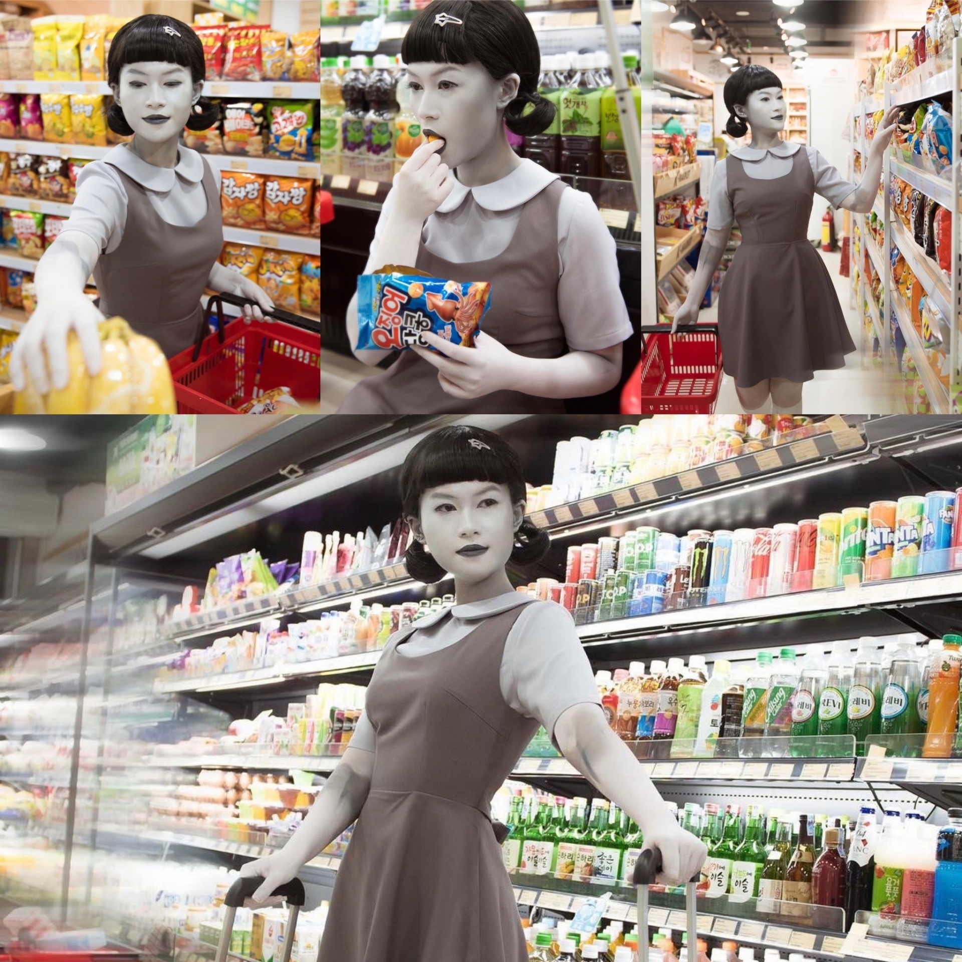 Ngọc Thanh Tâm 'nhuộm da' trắng bệch, làm búp bê Squid Game phiên bản trắng đen, đi mua sắm ở siêu thị. 