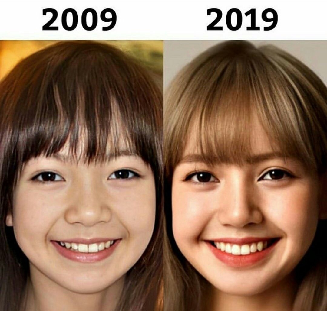 So sánh những thay đổi trên gương mặt của Lisa qua hai bức ảnh trước và sau khi debut.