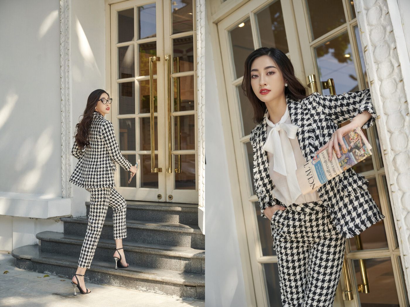 Không chỉ có váy, bạn vẫn có thể xinh đẹp chuẩn tổng tài như Lương Thuỳ Linh khi diện suit chất liệu tweed phối cùng áo blouse thắt nơ điệu đà. 