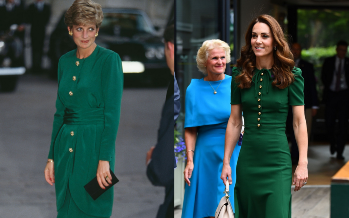 Công nương Diana và Kate Middleton đều yêu thích phom dáng cổ điển, chiếc váy xanh ôm dáng với hàng cúc vàng đơn giản mà tinh tế, sang trọng. Tuy nhiên, trang phục của Kate với đường may ngực kém duyên khiến người khác hiểu lầm rằng cô không mặc nội y.