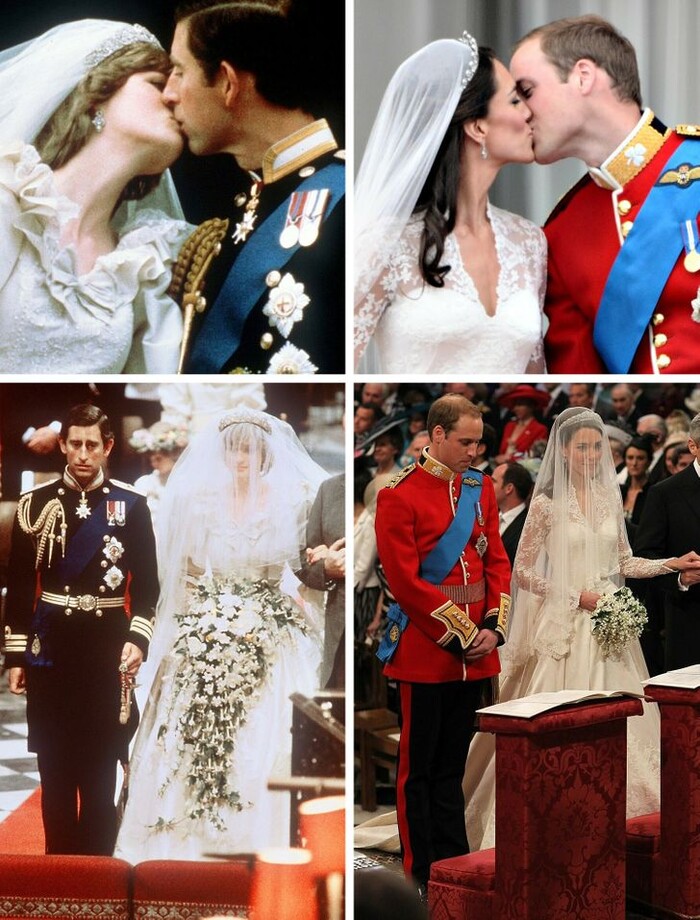 Váy cưới của Công nương Diana và Kate Middleton thể hiện sự đồng điệu. Cả hai đều chọn mẫu thiết kế cổ điển, tùng váy bung xòe lộng lẫy và sử dụng mạng che mặt để thể hiện sự trang trọng trong ngày cưới. 