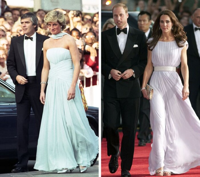 Chiếc váy lụa với những đường xếp ly đơn giản, cả Công nương Diana và Kate Middleton đều thể hiện được sự nữ tính, sang trọng.