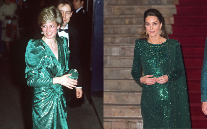 Chất liệu đến màu sắc của chiếc váy xanh quyền lực được Công nương Diana diện trong buổi từ thiện năm 1987 được Kate Middleton học hỏi trên thảm đỏ 2019. Tuy nhiên, về phần kiểu dáng, Công nương Diana có phần 'cao tay' hơn. Trang phục để lại ấn tượng với chi tiết xẻ ngực sâu táo bạo, cầu vai rộng tạo sự quyền lực.